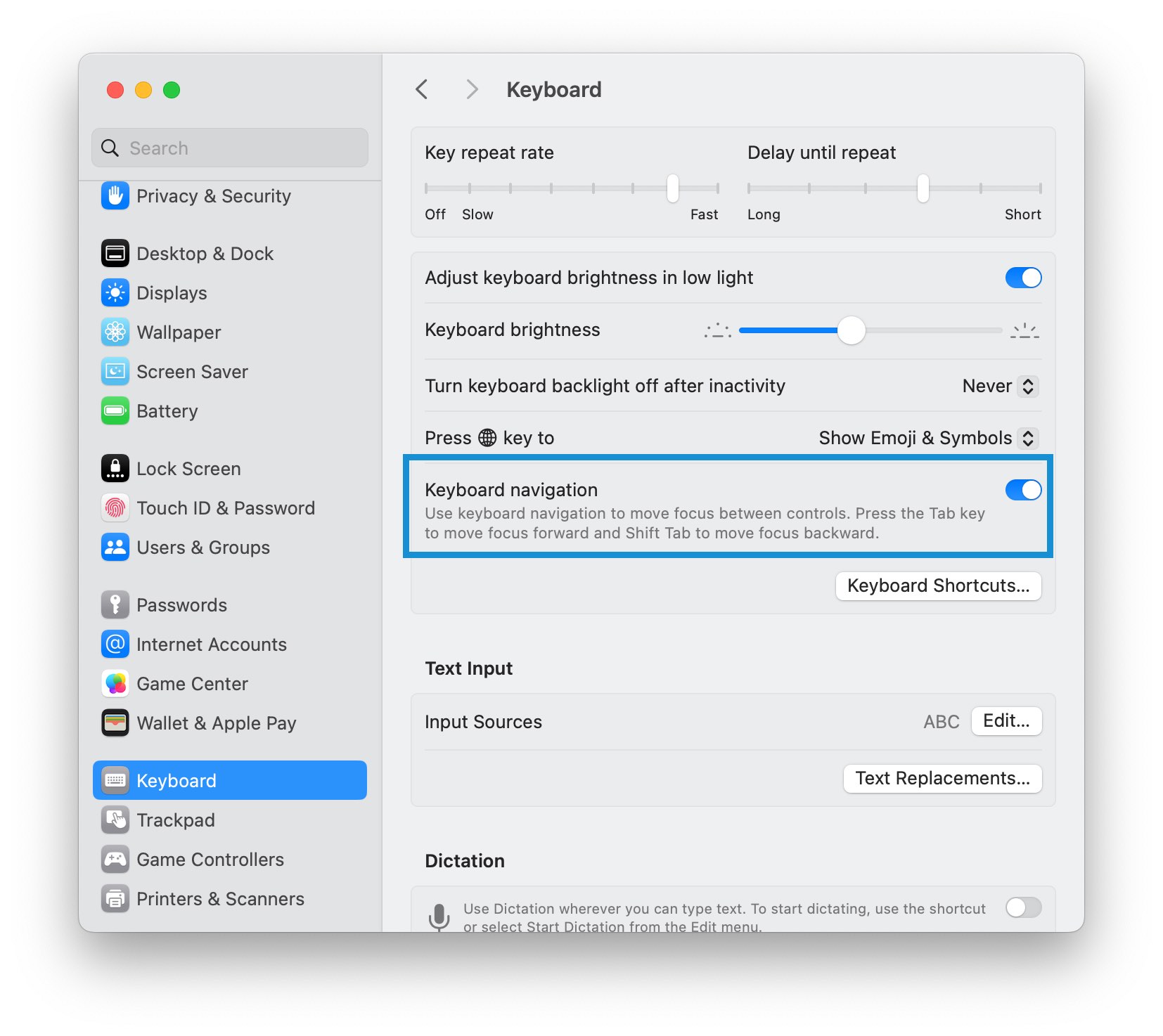 Enable Keyboard Navigation MacOS